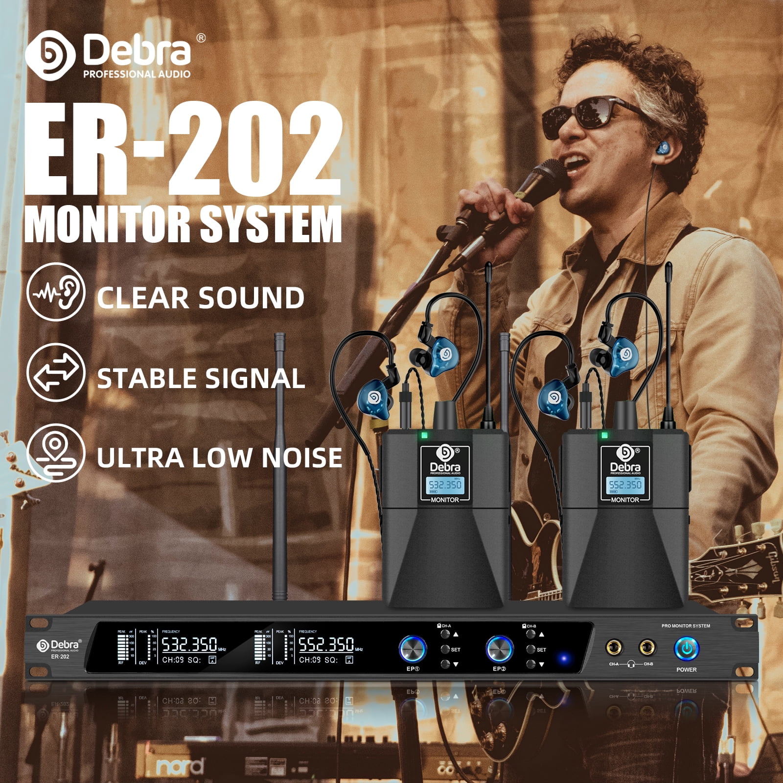D Debra Audio PRO Mono ER-202 UHF Dual Channel Wireless in Ear Monitor System with Monitoring Type for Stage, Receiver, Studio, Guitar, Band Performance (Dual Channel, 4 Receivers with Transmitter)