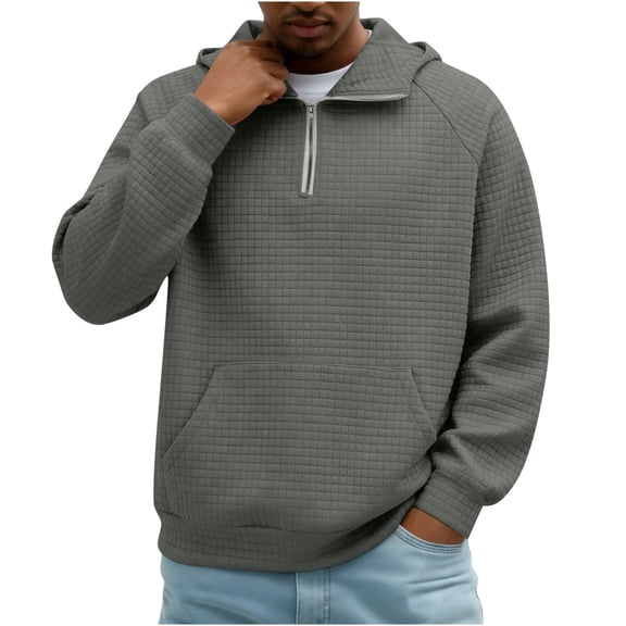 Mens Oversized Hoodies Pullover Quarter Zip Casaul Long Sleeve Waffle Knit Athletic Hooded Sweatshirt with Pocket