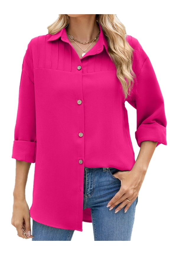 Womens long sleeve shirt Work Blouse Pleated Button Down Textured Solid color Casual Loose Collared Blouse Tops BLUE S