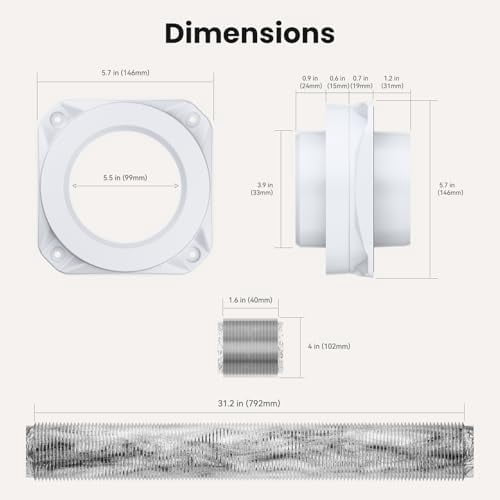 Magnetic Dryer Vent Coupling FR ABS V-0 Dryer Vent Connector Kit Airtight Seal Easy to Clean Quick Connector Including a 2.6ft 4" Duct and two Clamps, White, SDV180