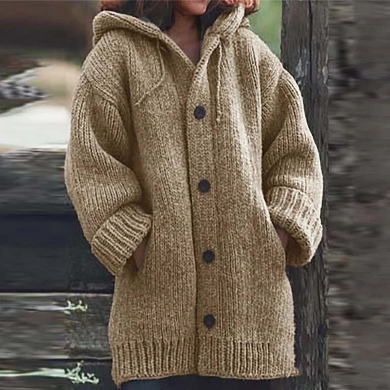 Hfyihgf Cardigan Sweaters Khaki Button Oversized Pockets Coat for Down XXL Fall Knit Women with Chuncky Hood Front Open Cardigan Winter Sweater