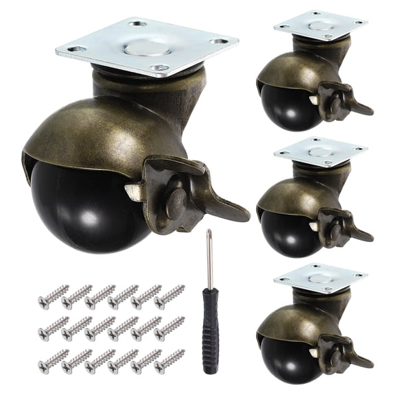 1.5 Inch Ball Caster Wheels, Swivel Furniture Casters with Brake/ Plate Mount/Screw/Screwdriver, Bronze 4 Pcs