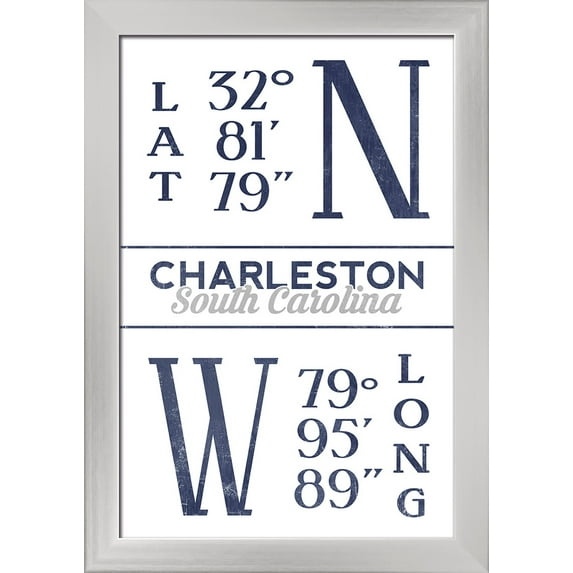 Charleston, South Carolina - Latitude & Longitude (Blue) - Lantern Press Artwork (12x18 Giclee Art Print, Gallery Framed, Silver Wood)