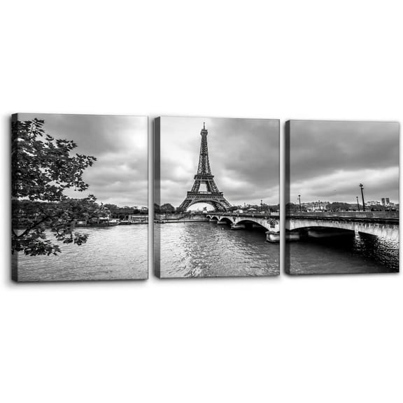 - 3 Pieces Black and White Canvas Wall Art - Paris Eiffel Tower from Seine - France Cityscape Pictures Print on Canvas Modern Home Art Decor Stretched and Framed Ready to Hang - 12" x 16" x 3