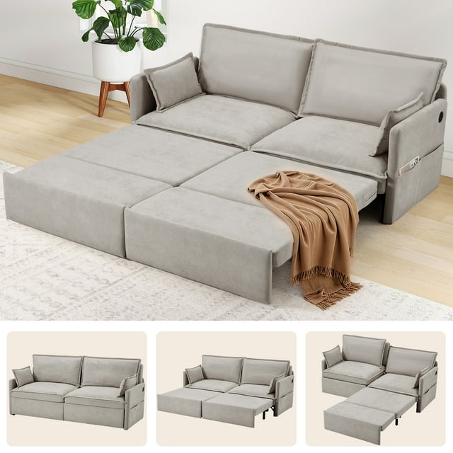 YODOLLA 72" 4-in-1 Pull-Out Sofa Bed with USB Ports, Convertible Sleeper Couch, Light Grey