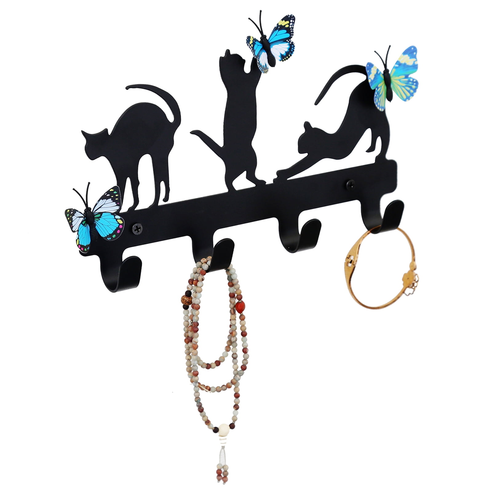 Key Holder for Wall Black Cat Hook with Butterflies Adhesive Pads