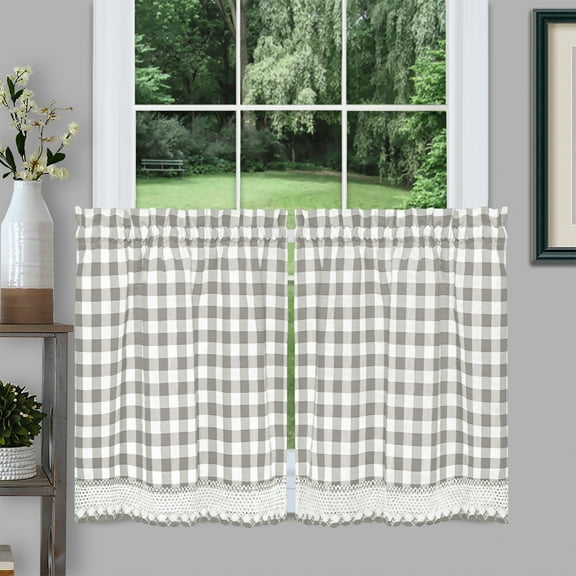 Achim Buffalo Check Kitchen Curtains, Set of 2 Tiers, 58 x 36, Gray