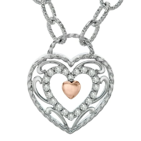 1/5 ct Diamond Filigree Heart Necklace in Sterling Silver & 14kt Rose Gold