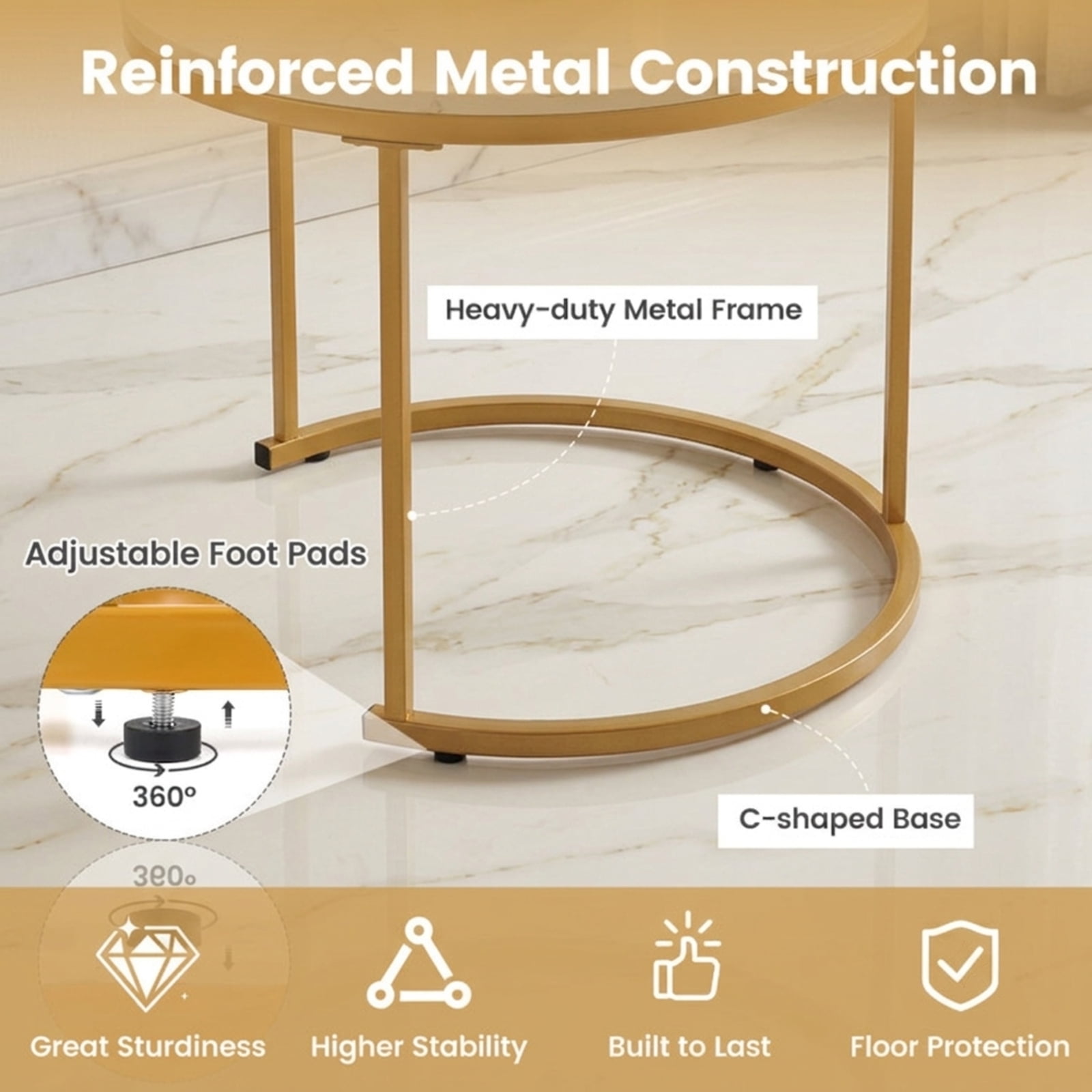 Furnibear Set of 2 Modern Round Stacking Nesting Coffee Tables with Powder Coated Steel Frame for Living Room and Bedroom, Gold