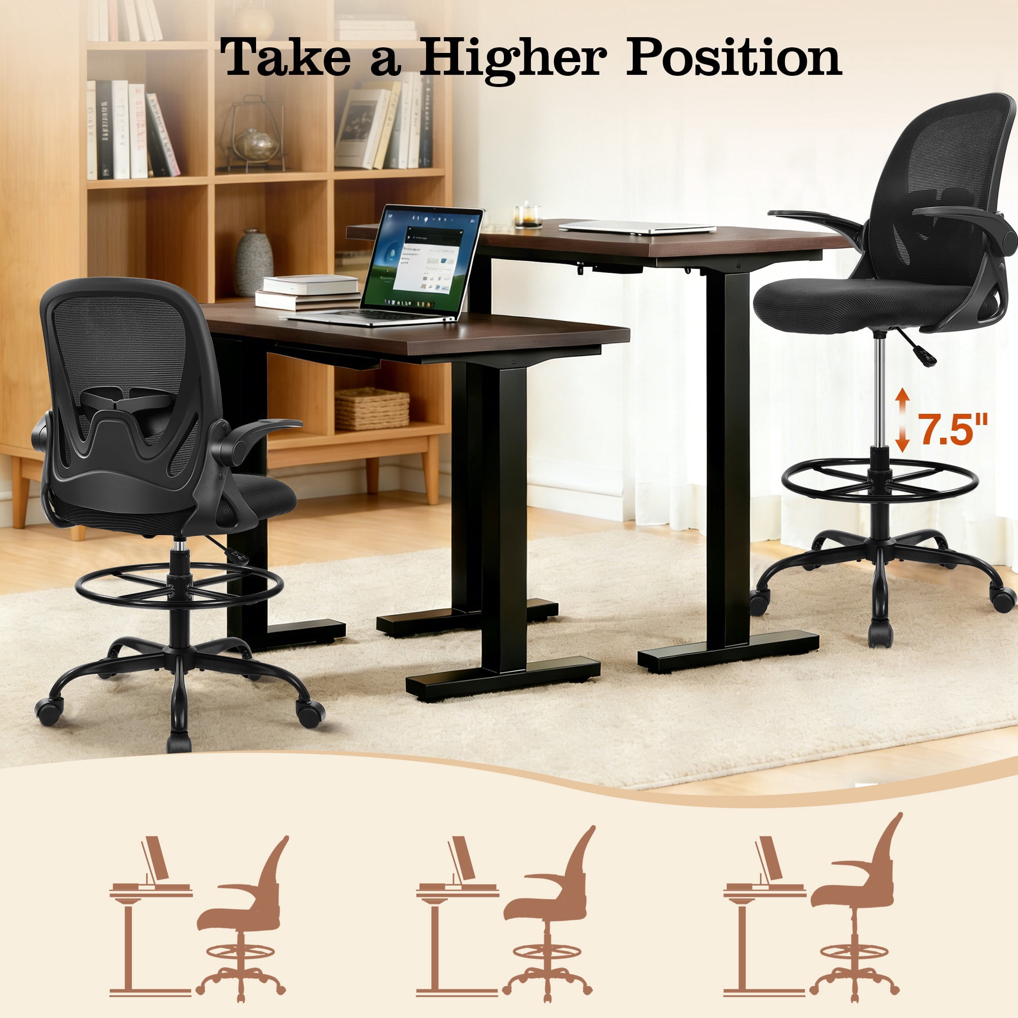 COOLHUT Tall Office Chair 400lbs with Footrest Ring, Standing Desk Chair with Flip-up Armrests, Adjustable Swivel Rolling Mesh Standing Desk Stool with Lumbar Support for Adults, Black