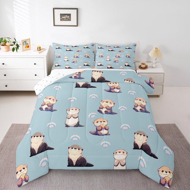 Erosebridal Ensemble de Literie Loutre Dessin Animé Simple, Couette Animal Mignon, Décor Kawaii, Réversible, Léger, 2 Pcs