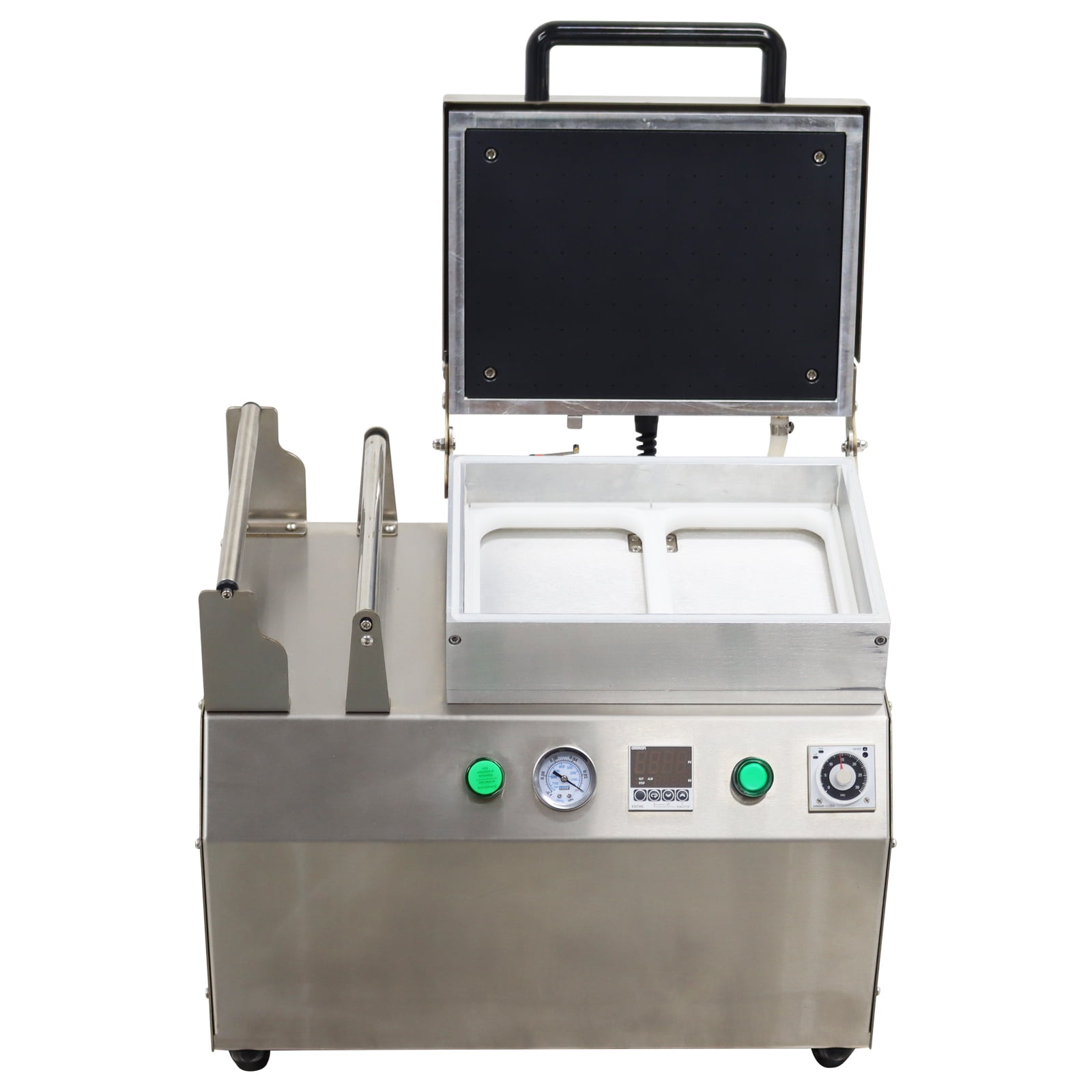 2 Slots Bench Vacuum Fitting Packaging Machine Vacuum Sealer 110V 120-320 Boxes/H Max 9.8inch Membrane Width for Meat Poultry Seafood Cheese