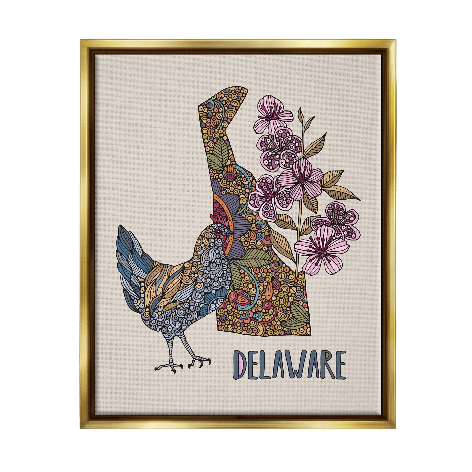 Stupell Industries Delaware Blue Hen State Flower Intricate Blossoms Graphic Art Metallic Gold Floating Framed Canvas Print Wall Art, Design by Valentina Harper
