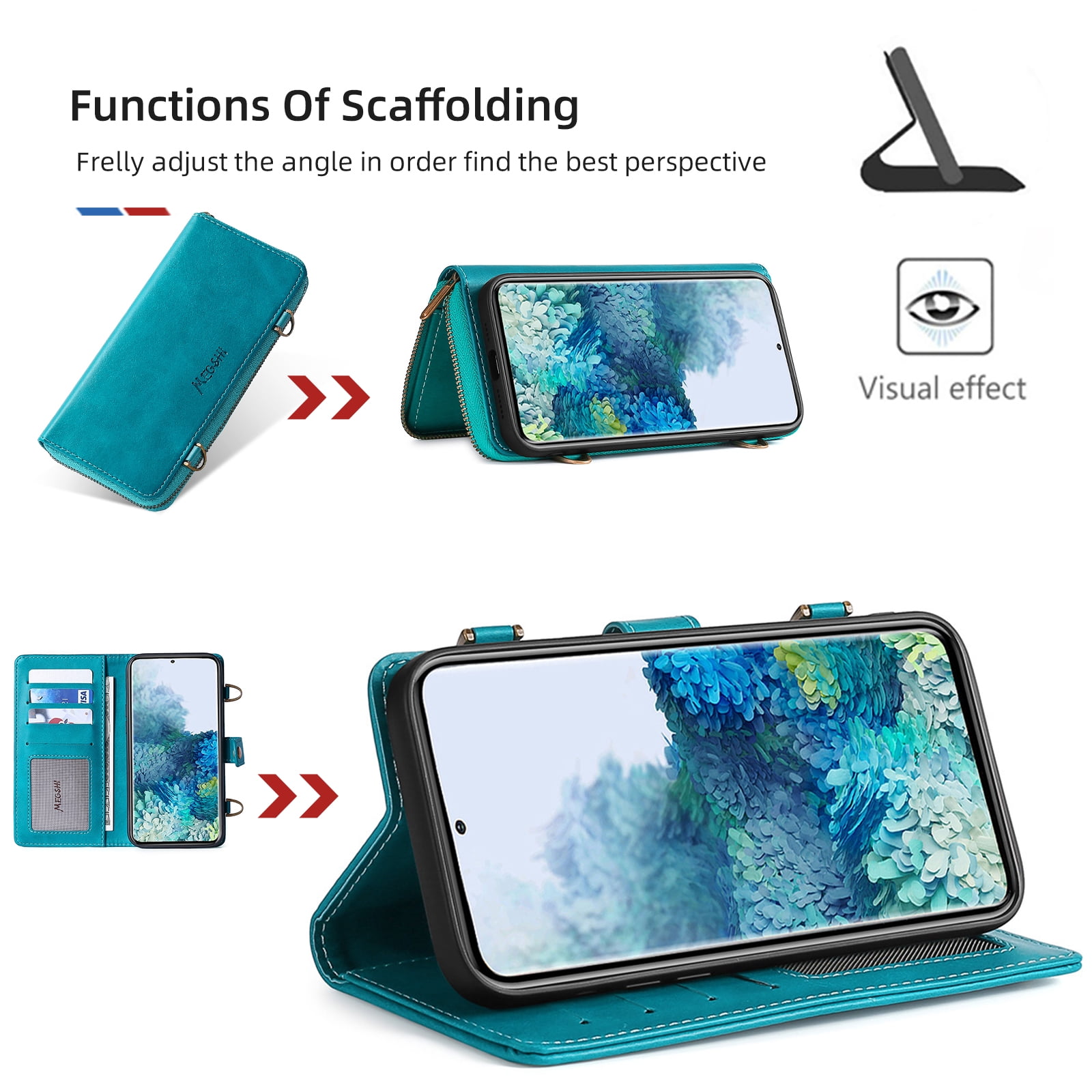 Galaxy S22 Wallet Case Premium Leather Flip Zipper Detachable Magnet Wallet Stand Card Holder Case with Crossbody Lanyard Strap Zipper Pocket Cover for Samsung Galaxy S22 6.1 inch 2022,Blue