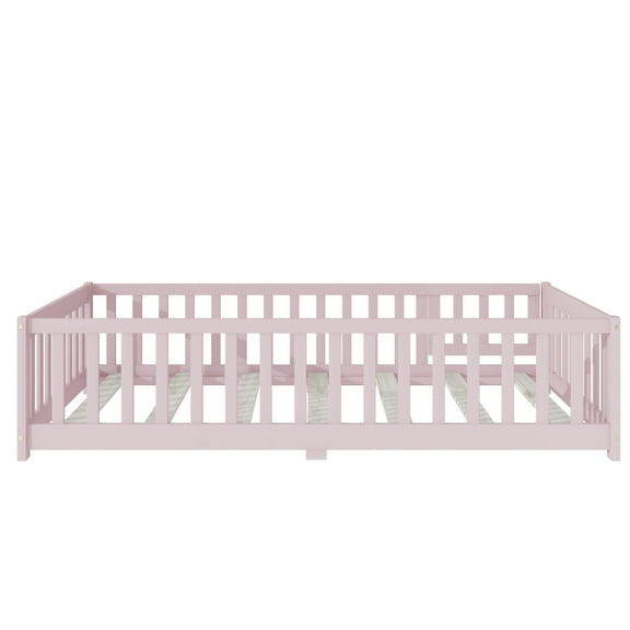 Lisonu Twin Size Montessori Floor Bed with Door, Solid Rubber Wood Bed Frame with Safety Fence, Pink