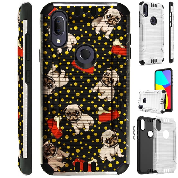 Compatible with Cricket Lumos | Alcatel Axel Brushed Metal Texture Hybrid Silver Guard Phone Case Cover (Pug Bone)