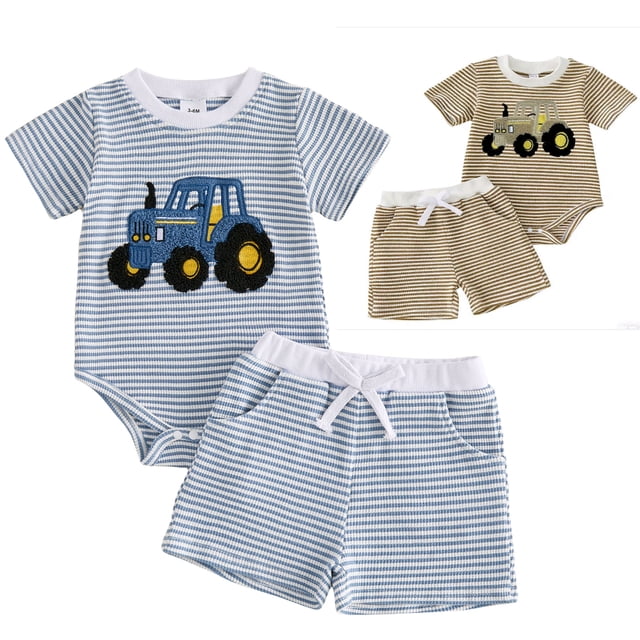 Baby Boys Waffle Outfit Tractor Embroidery Striped Short Sleeve Romper and Elastic Shorts Set 2 Piece Clothes Set