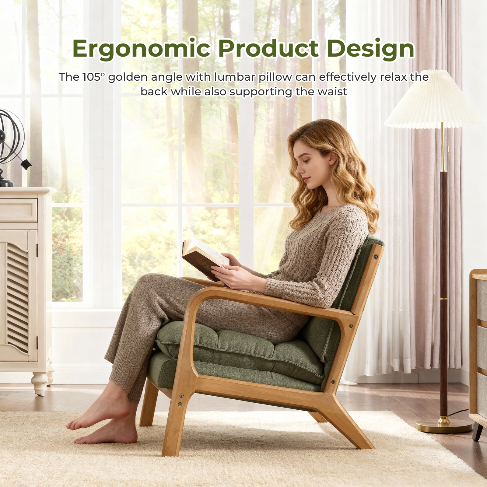 Ebello Mid Century Modern Accent Chair, Double-Padded Reading Armchair with Wood Frame & Lumbar Cushion for Living Room, Bedroom & Office, Green