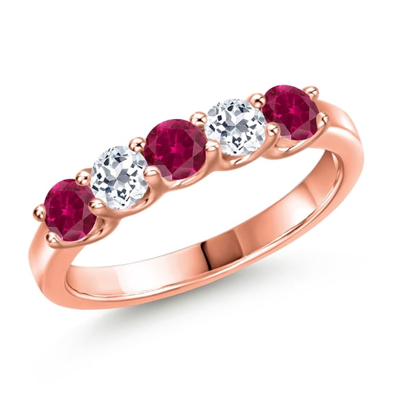 Gem Stone King 18K Rose Gold Plated Silver Red Created Ruby and White Topaz Wedding-Bands Ring for Women | 1.18 Cttw | Round 3.5MM | Gemstone July Birthstone | Size 5