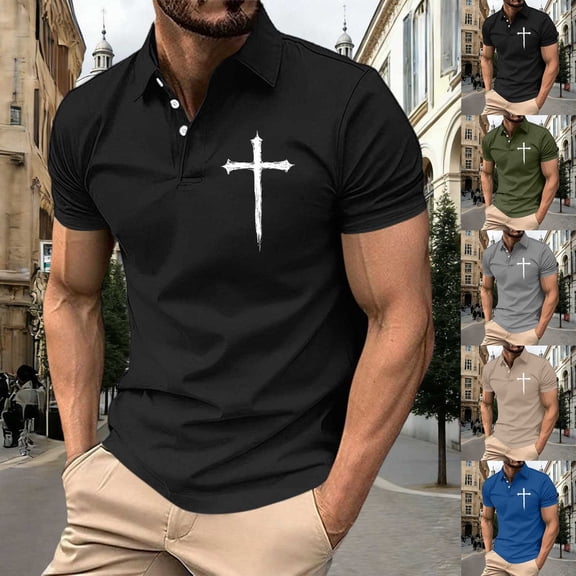 UVEASISHA Mens Jesus Polos Shirts Christian Faith Cross Printed Casual Button Up Shirt Summer Short Sleeve Collared T-Shirts Comfy Regular Fit Golf Shirts Army Green L