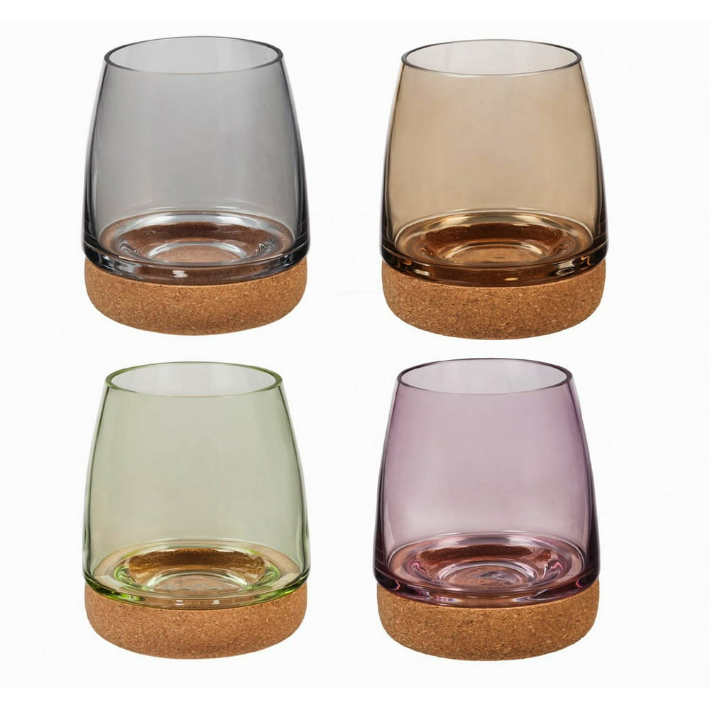 Evergreen Stemless Wineglass w/ cork bottom, 14 OZ, 4 Asst