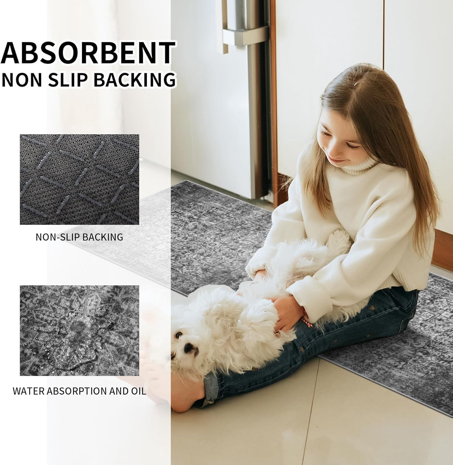 Kitchen Rugs Sets of 3 Non Slip Washable Kitchen Mats for Floor 3 Piece Set Blueish Black Kitchen Mat Set Boho Runner Carpets Absorbent for Laundry Room Hallway Sink Front Door