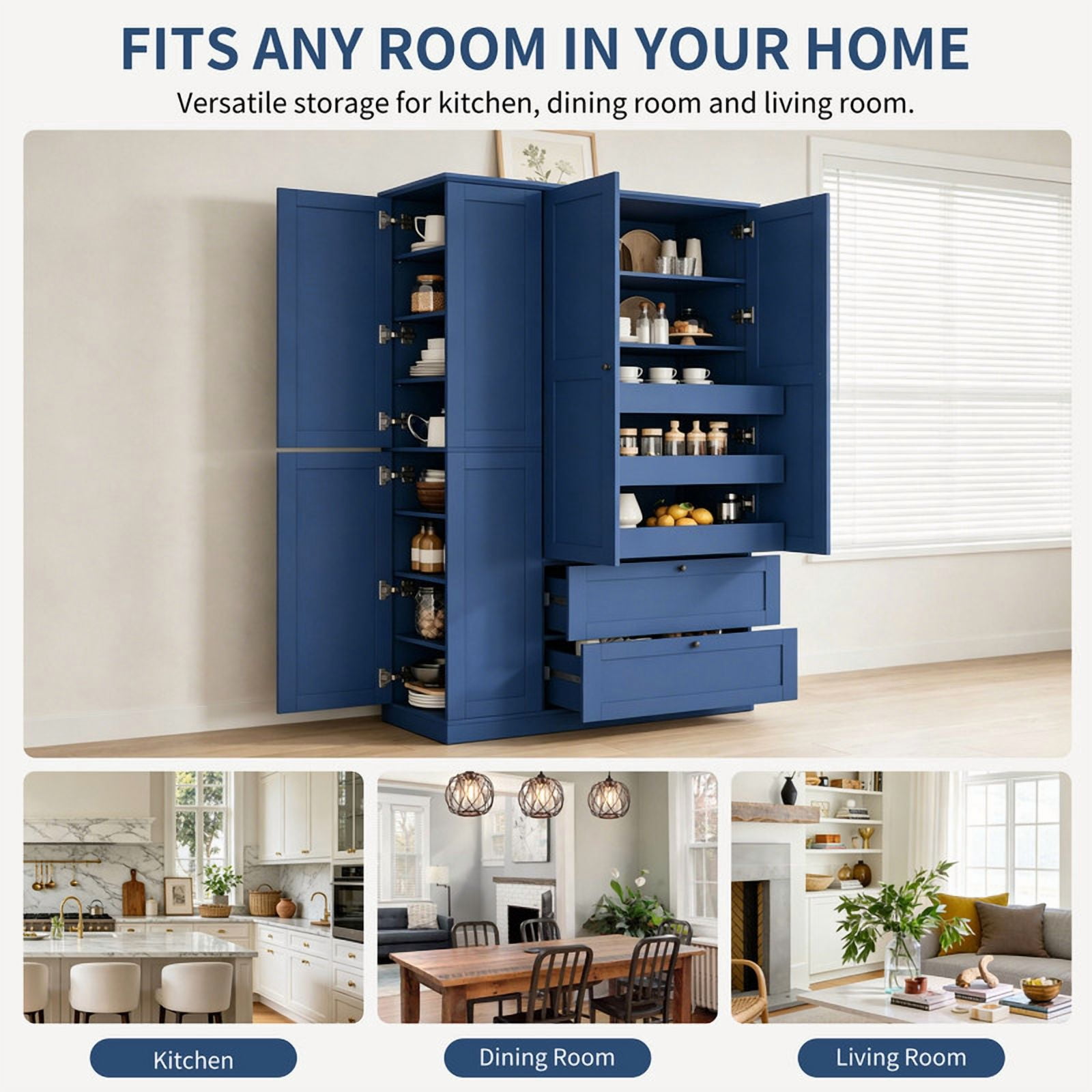 Versatile Kitchen Pantry with Shelves, Drawers, Pull-Out Trays & Side Storage Cabinets, Hutch Cupboard with Adjustable Shelf
