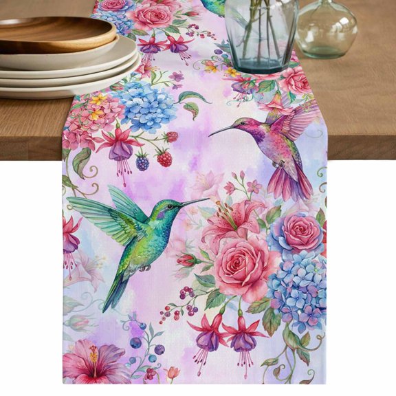 Colorful Spring Floral Table Runner 72 Inches, Watercolor Birds Farmhouse Art Bed Runner Dresser Scarves Tabletop for Indoor Outdoor Parties/Ceremony/Banquet, 16" x 72"