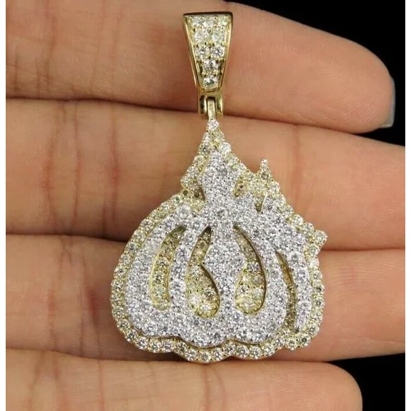 2.50 Ct Natural Moissanite Men's Allah Islamic Pendant 14k Two Tone Gold Plated