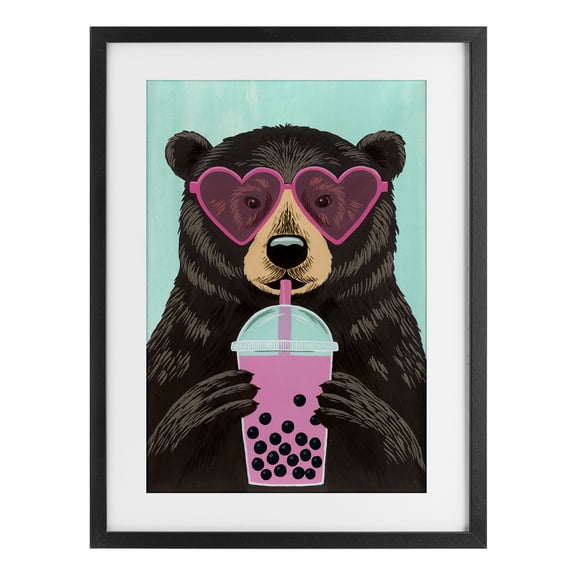 Stupell Industries Bear And Bubble Tea Black Framed Print Under Glass, design by Courtney Haley, 20 x 14