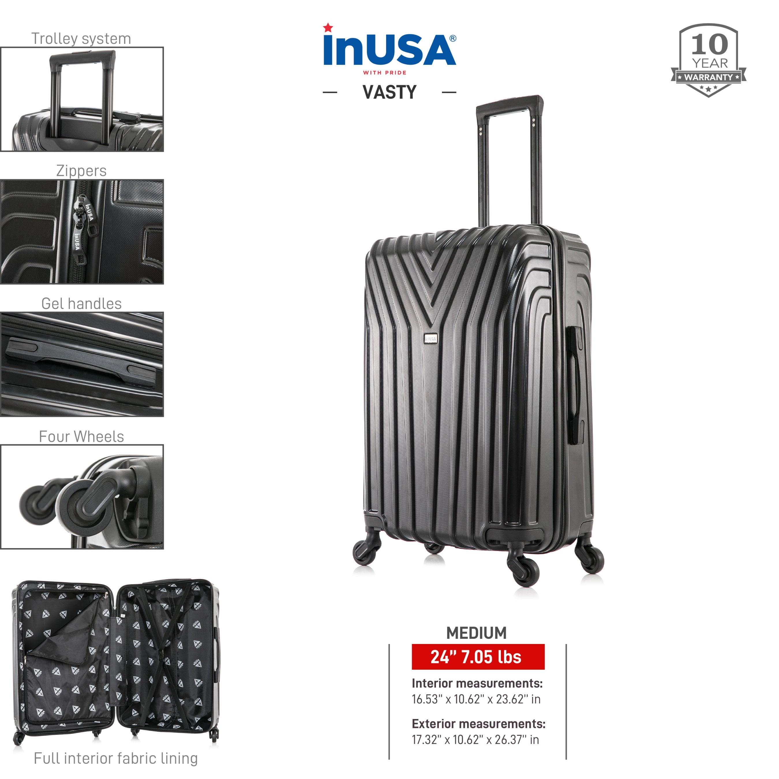 InUSA Vasty 24" Hardside Lightweight Luggage with Spinner Wheels, Handle, and Trolley, Black