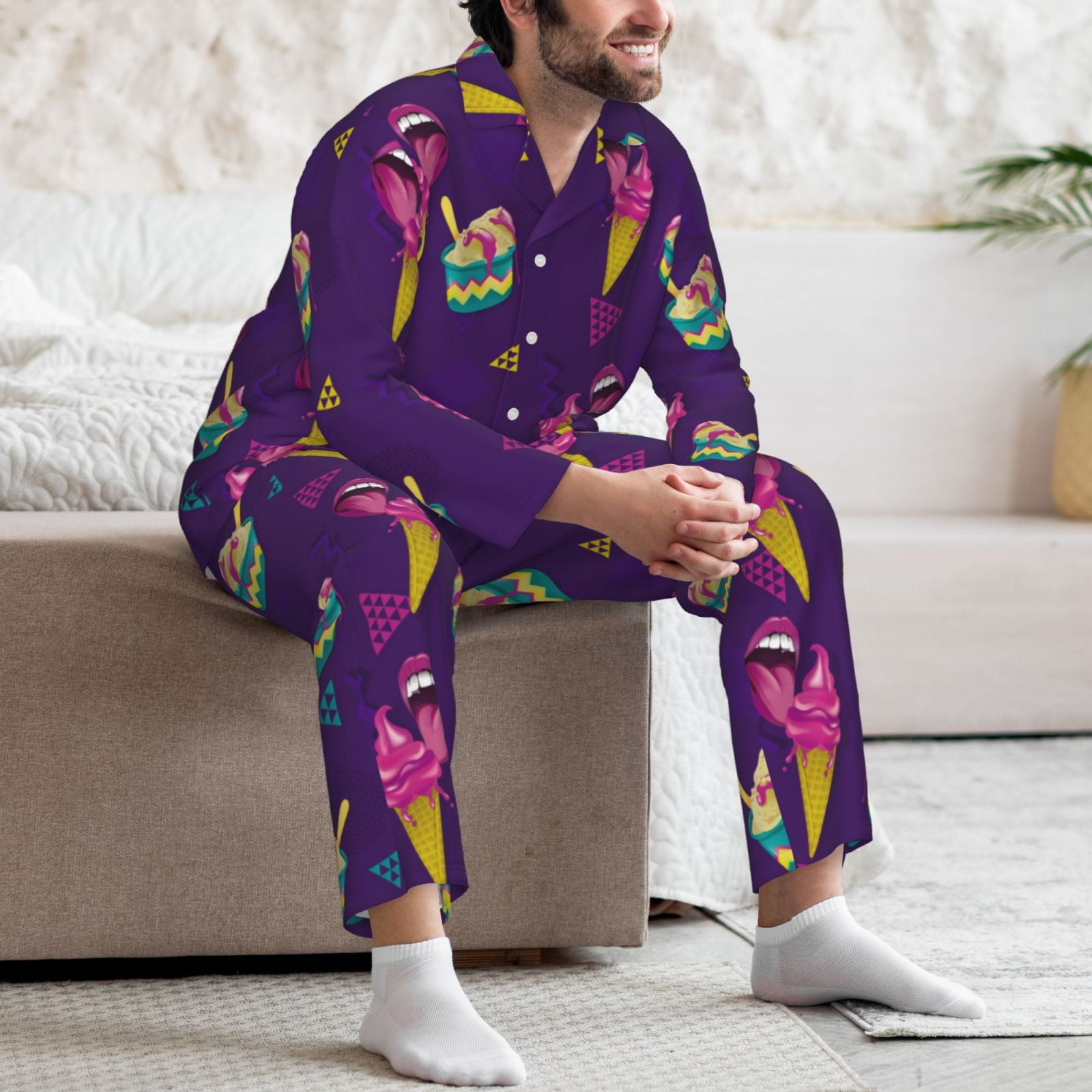 Mens Pajamas Set, Funny Ice Cream Print Purple Button-Down