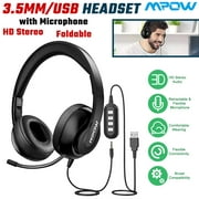 Mpow 3.5mm/USB Headsets, Foldable Computer Headset with Mute Function, PC Headphones with Retractable Microphone Noise Canceling, All Day Comfort for Meetings, Call Center, School
