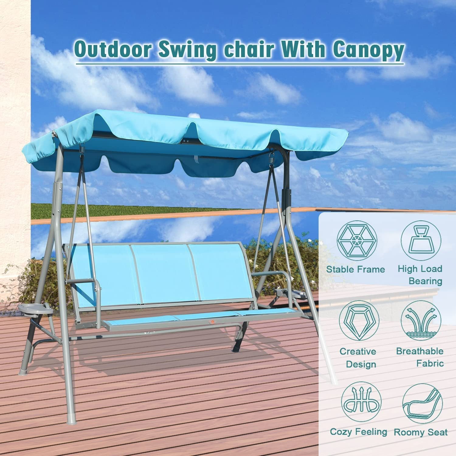 Gray and Blue Steel 3-Person Porch Swing with Adjustable Canopy