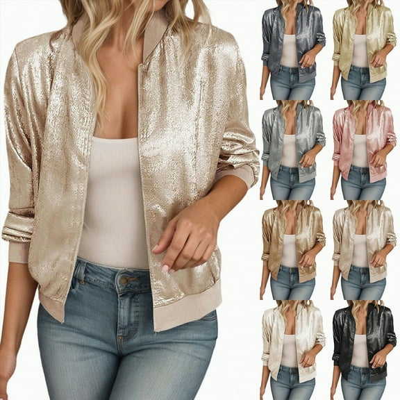 Towmus Women's Metallic Bomber Jacket Lightweight Zip Up Long Sleeve Fashion Sweatshirts Outwear XS-5XL