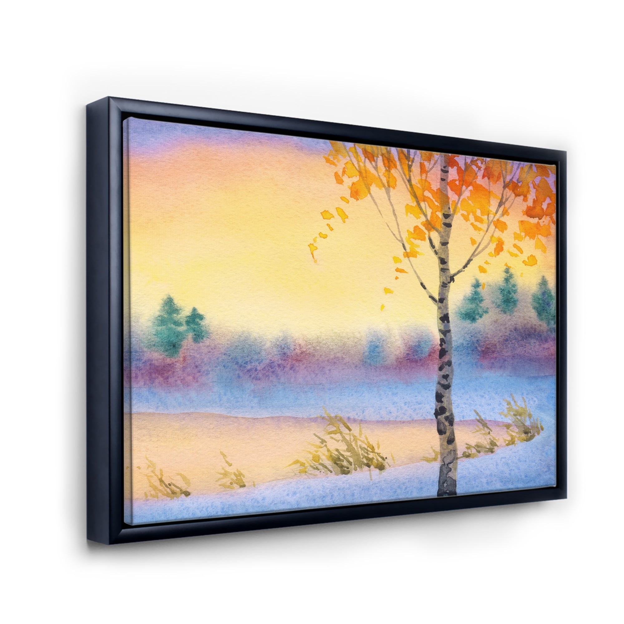 Evening Sky Over Lake Winter Landscape 40 in x 30 in Framed Painting Canvas Art Print, by Designart