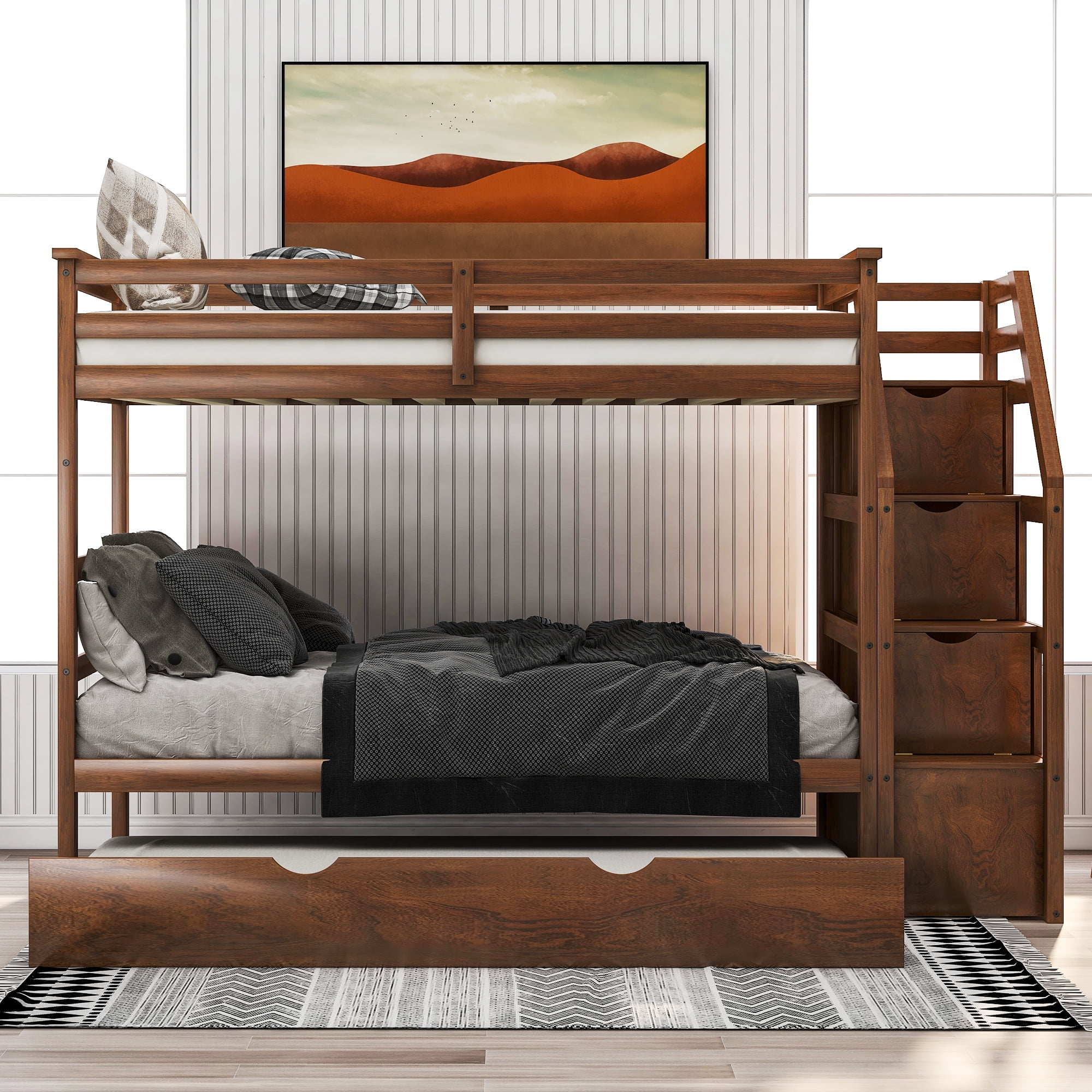 Twin-Over-Twin Bunk Bedd with Twin Size Trundle and 3 Storage Stairs-Walnut