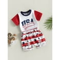 thumbnail image 3 of Bagilaanoe 4th of July Clothes for Toddler Baby Boys Short Sleeve Letter Print T-Shirt Tops + Stars Stripe Shorts 6M 12M 18M 24M 3T Kids Independence Day Outfits 2pcs Short Pants Set, 3 of 9