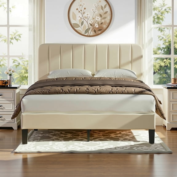 VECELO Queen Size Upholstered Beds, Modern Platform Bed Frame with Adjustable Headboard, Wooden Slats Support/No Box Spring Needed, Beige
