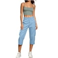 thumbnail image 3 of Horkkom Capri Cargo Pants for Women Button Zip Elastic Waist Pants Outdoor Casual Hiking Pants with Pockets L, 3 of 8