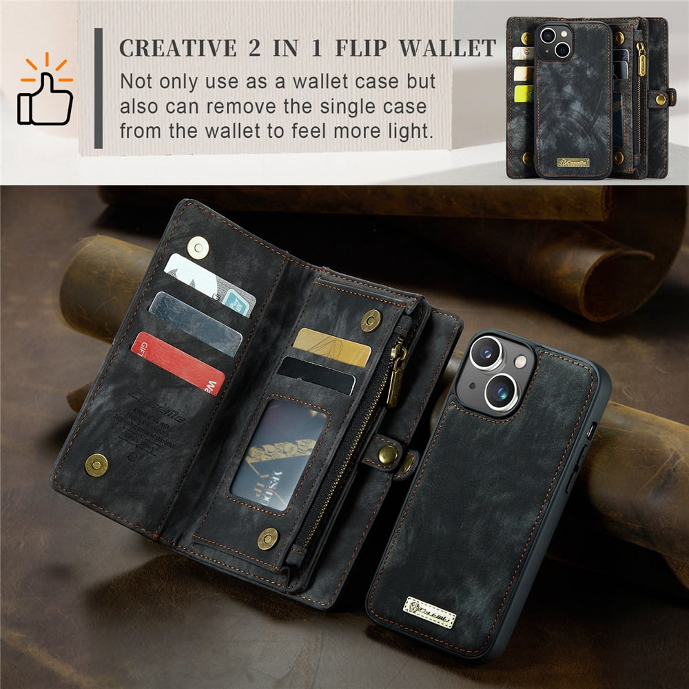 CaseMe Leather Case for iPhone 13 Mini,2 in 1 Detachable Wallet Case with 8-Card Holder Zipper Bills Slot,Magnetic Shockproof Flip Leather Cover Zipper Pocket Phone Cases,Black,For iPhone 13 Mini