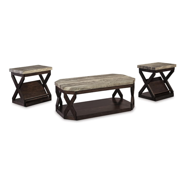 Ashley Neimhurst 3-Piece Living Room Set - Modern Coffee Table & End Tables Dark Brown With Metal Legs
