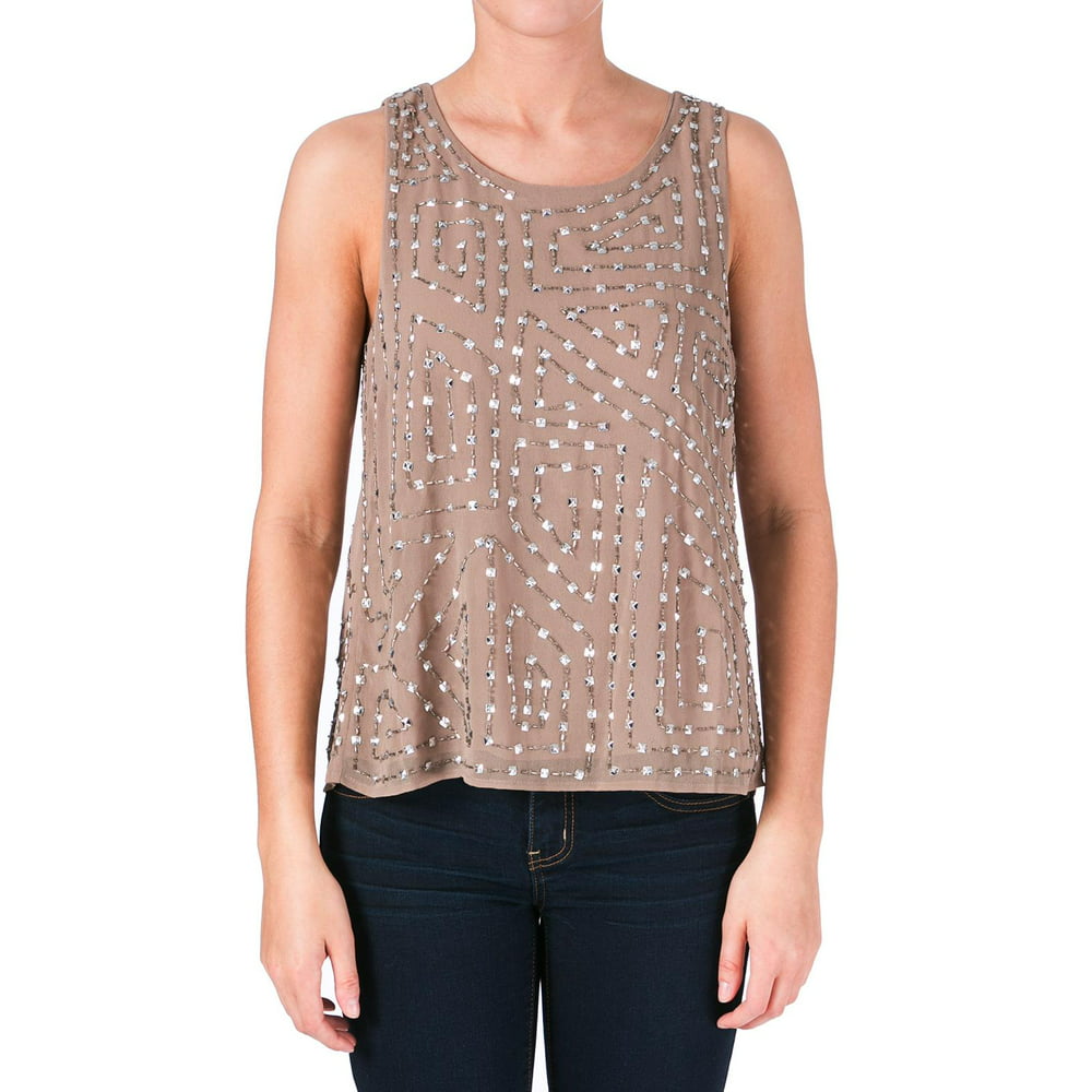 W118 by Walter Baker Womens Olivia Chiffon Embellished Tank Top Taupe XS
