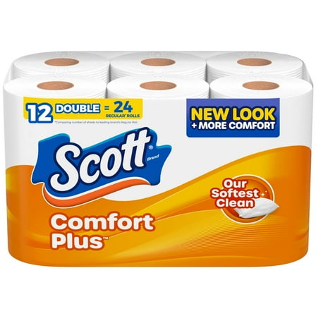 Scott ComfortPlus Toilet Paper, 12 Double Rolls, 231 Sheets per Roll, Septic-Safe, 1-Ply Toilet Tissue