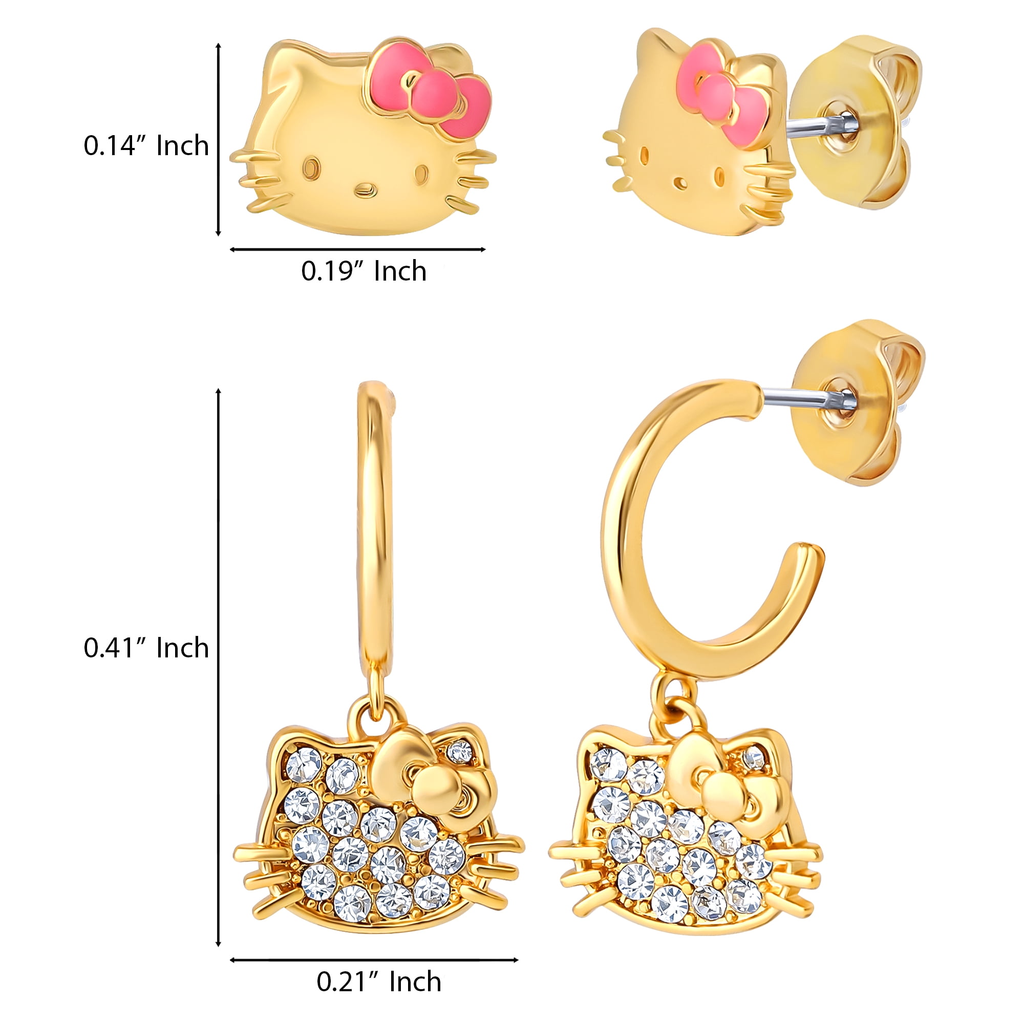 Hello Kitty Earring Set, 2-Pair, Gold-Tone Studs & Pavé Dangle Hoops