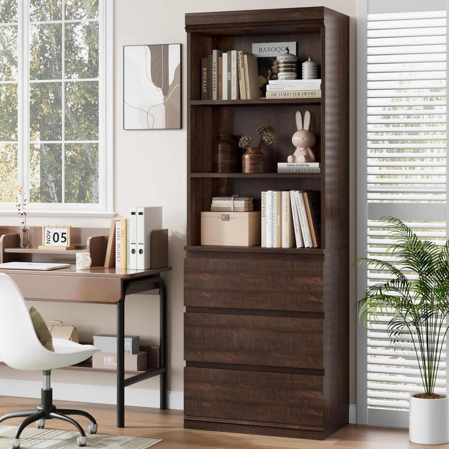 70" Modern Bookcase with Drawers: Deep Storage Organizer w/ 3 Shelves & 3 Cabinets for Home Office Library, Brown