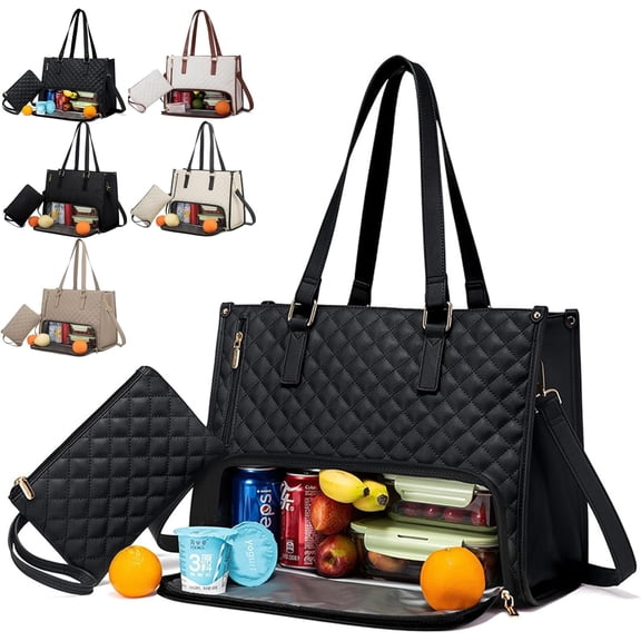 2 In 1 Tote Bag Lunch Bag Combo, 2-In-1 Tote Bag Insulated Lunch & Travel Tote, 2 In 1 Lunch Bag and Work Tote, 15.6 Inch Tote Bag with Lunch Compartment (Black)