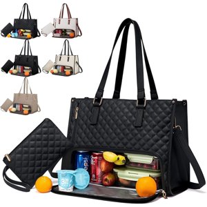 2 In 1 Tote Bag Lunch Bag Combo 2-In-1 Tote Bag Insulated Lunch & Travel Tote 2 In 1 Lunch Bag and Work Tote 15.6 Inch Tote Bag with Lunch Compartment (Black)