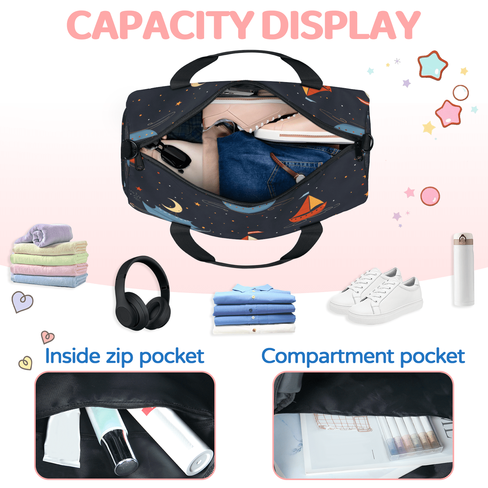 Herdesigns Nautical Sailboat Gym Bag for Women, Duffle Bag for Travel Sport, Starry Sky Lightweight Waterproof Carry on Weekender Dance Yoga Workout Bags