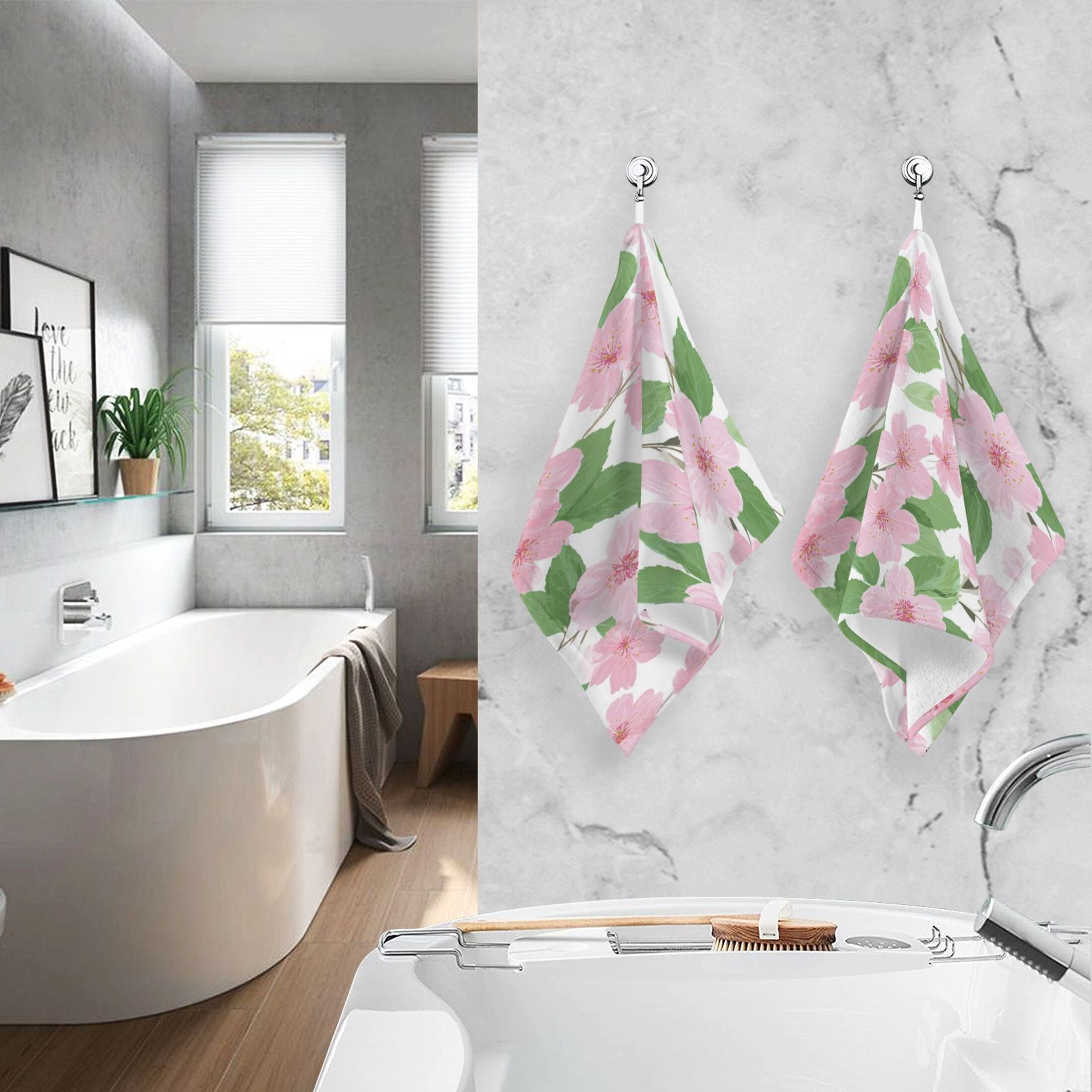 2 Pieces of Cotton Towel Face Towel Set Hand Towel Bath Towel Cotton Bath Towel Sets Pink Cherry Blossom Motif